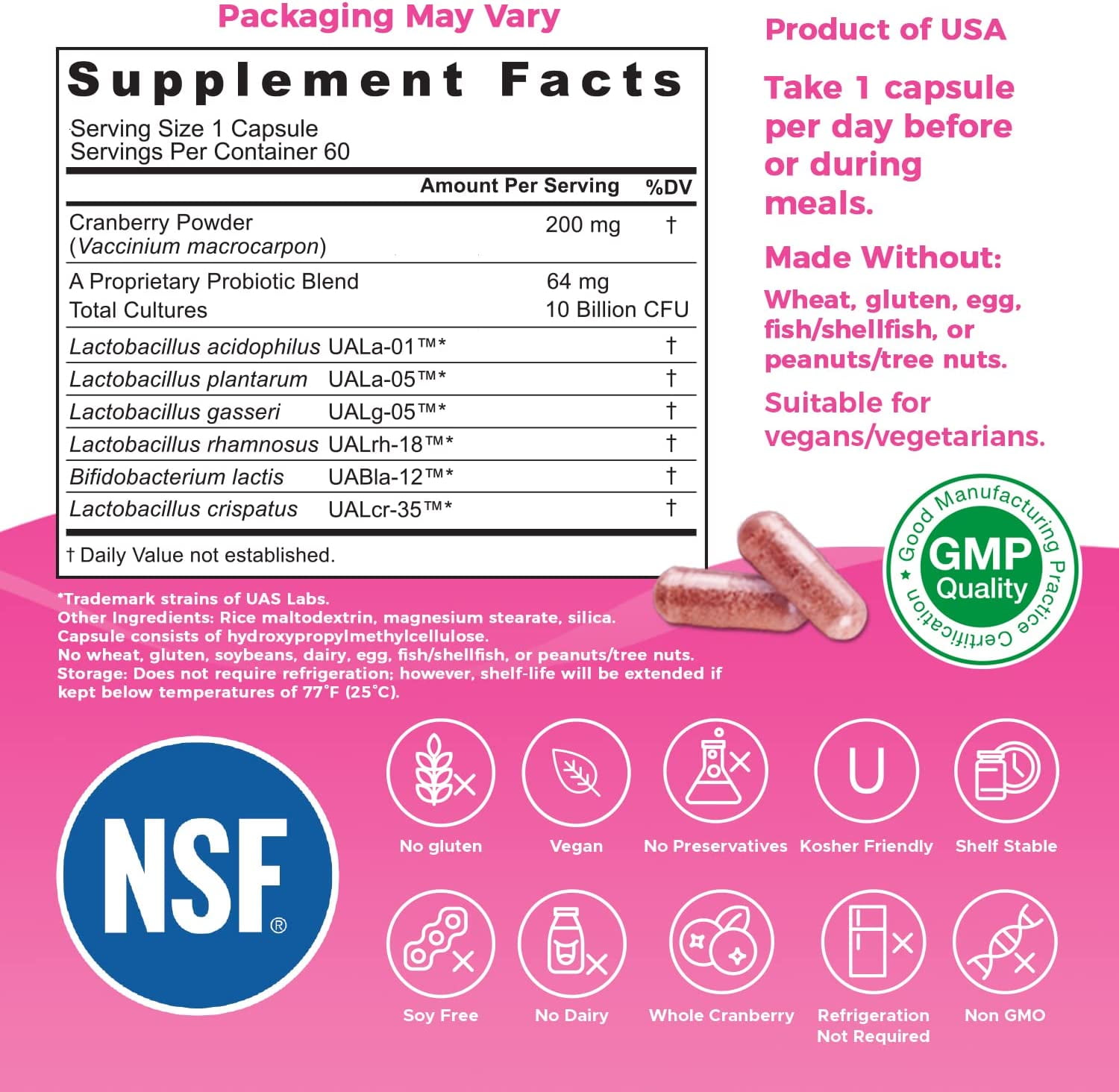 Nutricelebrity NutriFlora-Pro Probiotics for Women - Support Vaginal, Urinary Health (UTI), Digestive System, Period Pain, Yeast, and BV Relief, Cranberry Pills, 10 Billion CFU 6 Strains (60 Caps)