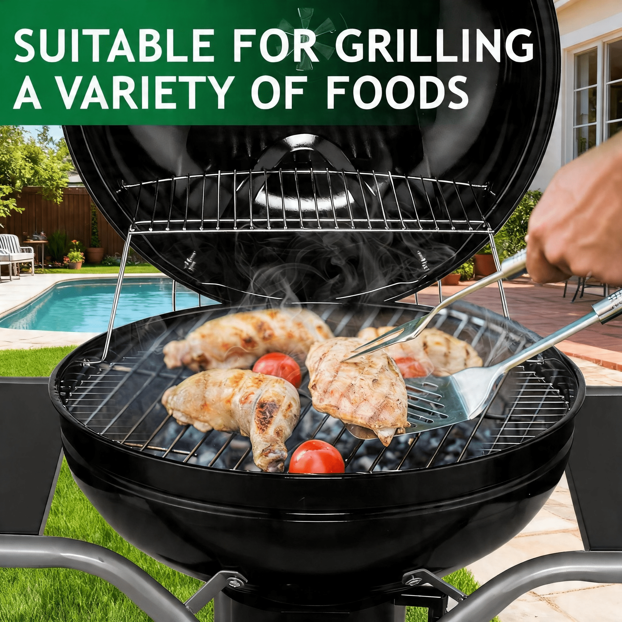 LODZPK Portable Kettle Charcoal Grill with 2 Side Tables, Storage Shelf & Upgraded Ash Catcher, Outdoor BBQ with Thermometer & Air Vents (Wheels Included)