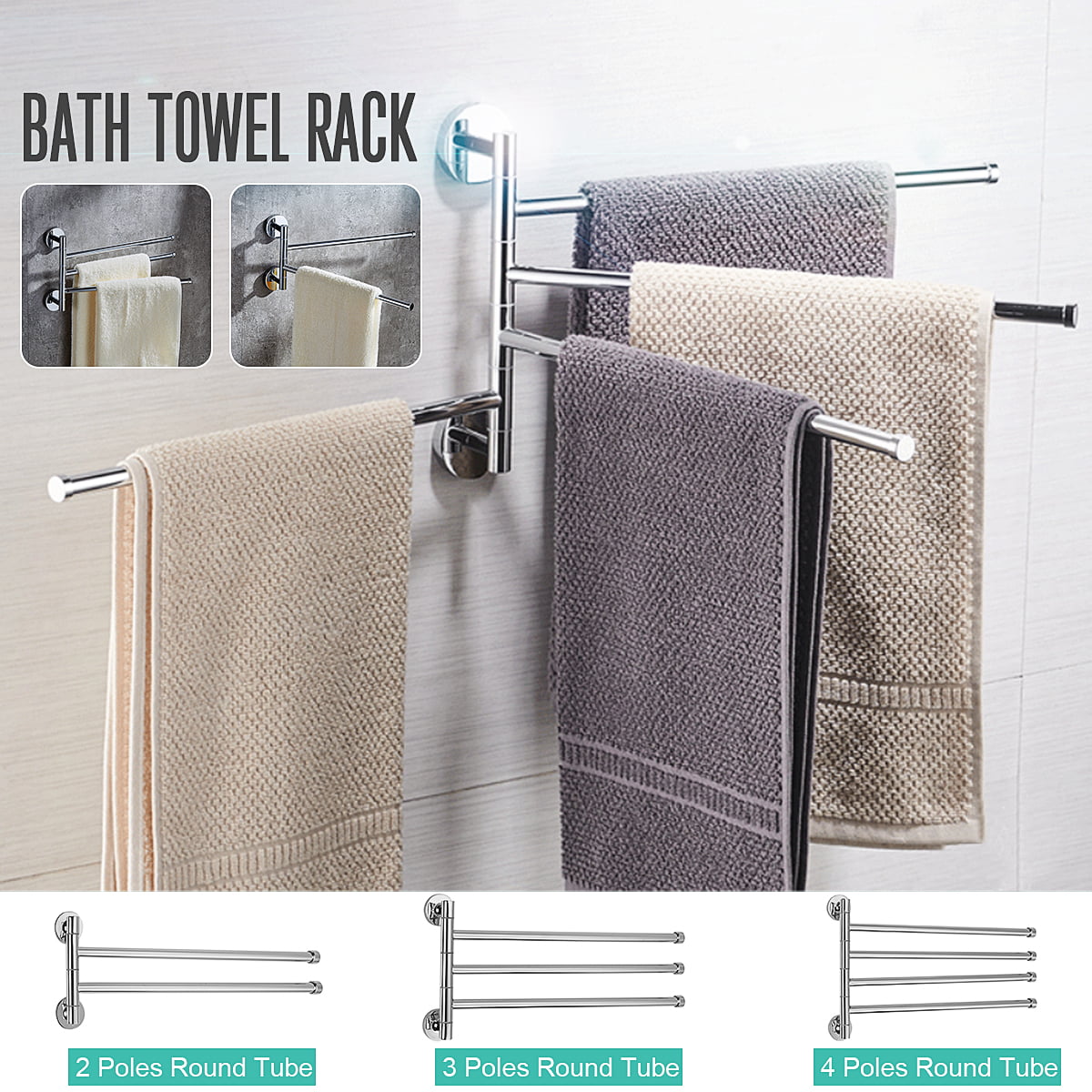 Idiytip Wall-Mounted Towel Rail Stainless Steel Bathroom Kitchen Towel Rack Swivel Bars Towel Holder,Three shots 
