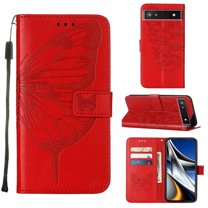 SaniMore Case for Google Pixel 8 Pro (2023), PU Leather Skin with Luxury Embossed Butterfly [Wrist Strap & Card Slots & Flip Kickstand] Full-body Shockproof Business Wallet Cover, Red