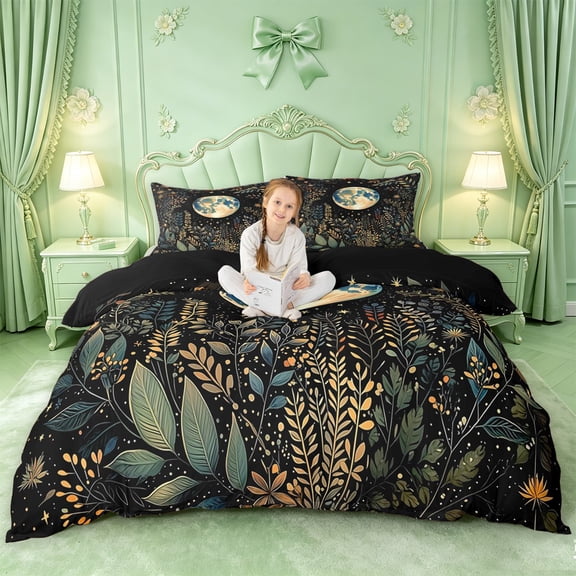jejeloiu Cosmic Botanical Bedding For Girls,Whimsical Print Duvet Cover Full,Multicolor Black,Black Reversible,3 Pieces,1 Duvet Cover and 2 Pillowcases