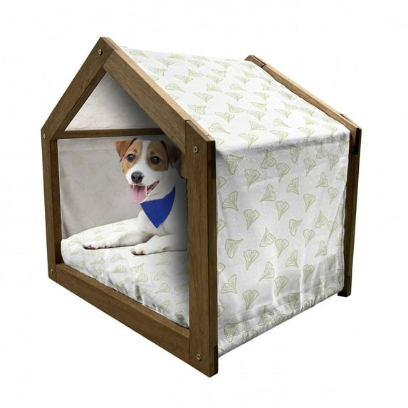 Gingko Pet House, Maidenhair Tree Leaves Healing Herbs Petals Botanical Nature Print, Outdoor & Indoor Portable Dog Kennel with Pillow and Cover, 5 Sizes, Pale Green and White, by Ambesonne