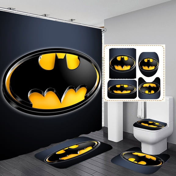 Bathroom 4 Pieces Set Batman Shower Curtain Toilet Lid Cover and Bath Mat, Non-Slip Rugs Durable and Waterproof, for Bathroom Decor Set, 72" x 72"