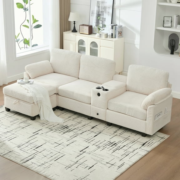 L-Shaped Sectional Sofa, 4-Seater Corduroy Sofa with Movable Console, Cup Holders, USB Charging, Storage Ottoman and Hidden Compartments, Modern Living Room Furniture, Beige