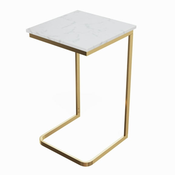 Lavish Home Rectangular C-Shaped Real Marble End Table with Gold Iron Frame and White Marble Top