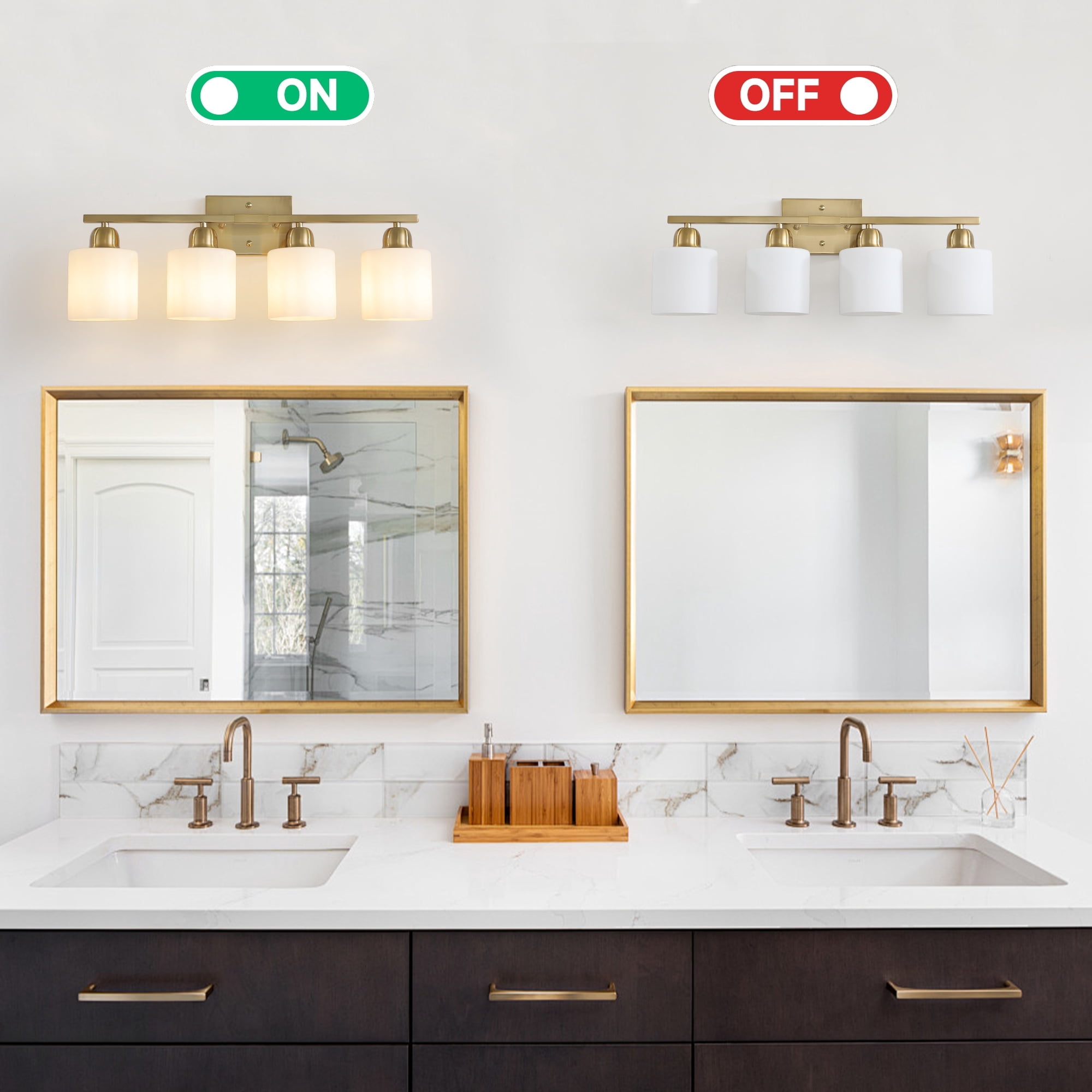 Leumius 4-Light Bathroom Vanity Light Fixture, Modern Vanity Light Over Mirror, Wall Sconces with Milky White Frosted Glass Shades for Mirror, Bathroom, Bedroom and Hallway Gold (No Bulbs)