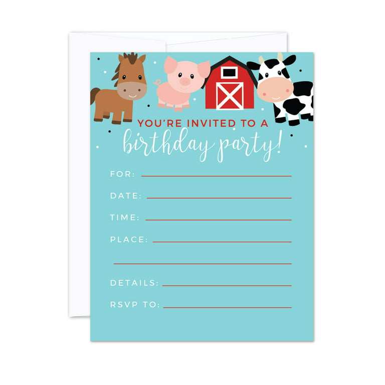 Red Farmhouse Barnyard Birthday, Blank Invitations with Envelopes, 20-Pack  