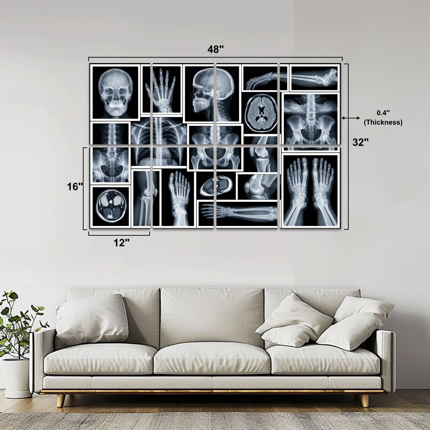 Medical 8 Pack Art Acoustic Panels Sound Absorbing Collection Human X Ray Anatomy Showing Skull Hands Spine Chest Black Decorative Soundproof Wall Panels Self Adhesive for Classroom Hospital 48"x32"