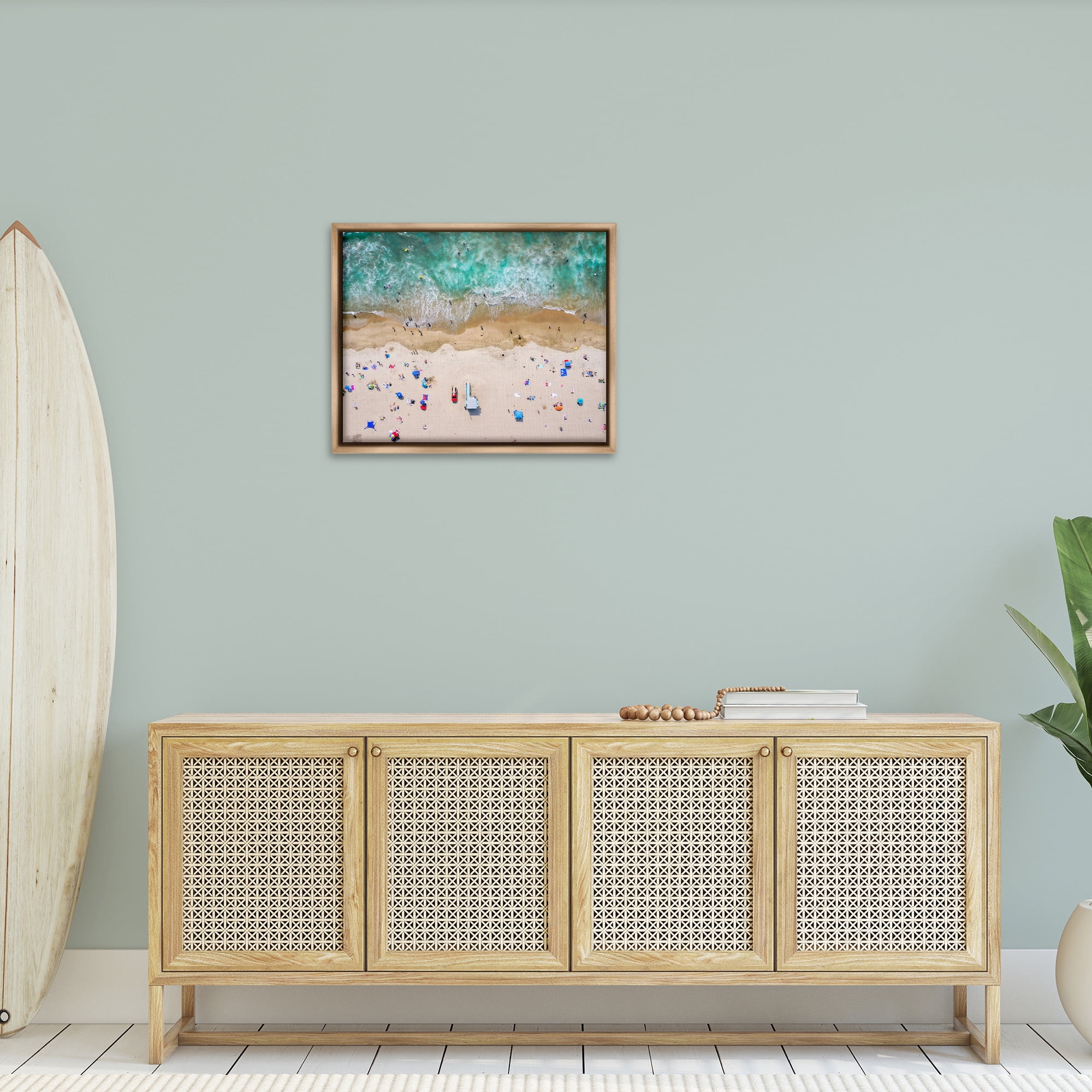 Stupell Industries Aerial View Busy Summer Beach Nature Photography Brown Floater Framed Canvas Art Print Wall Art, 31 x 25