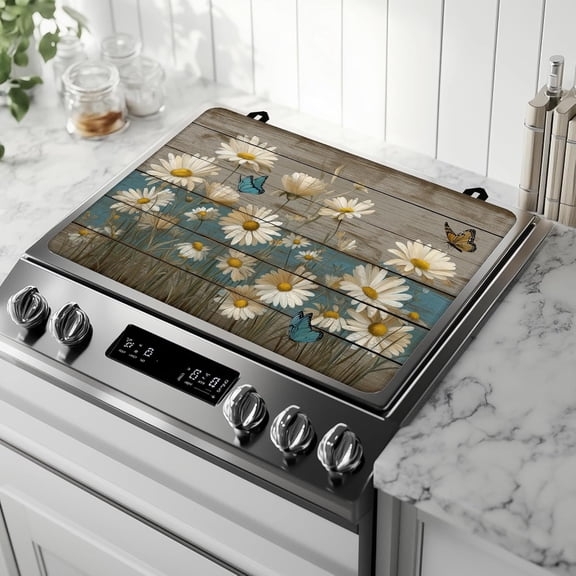Vintage Daisy Butterfly Electric Stove Top Cover Protector,Rustic Wooden Heat Resistant Glass Top Stove Oven Induction Cooktop Mat with Rubber for Kitchen Top Covers 28.5“ x 20.5“