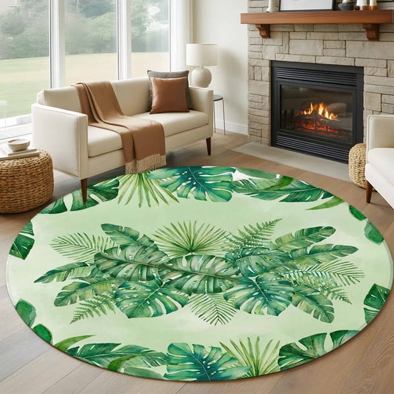 Monstera Leaves Round Area Rug 6Ft Washable Circle Rugs for Bathroom Office, Summer Tropical Plants Palm Leaf Ombre Green Non-Slip Carpet Floor Mats Indoor Outdoor Carpet Runner Aesthetic Home Decor