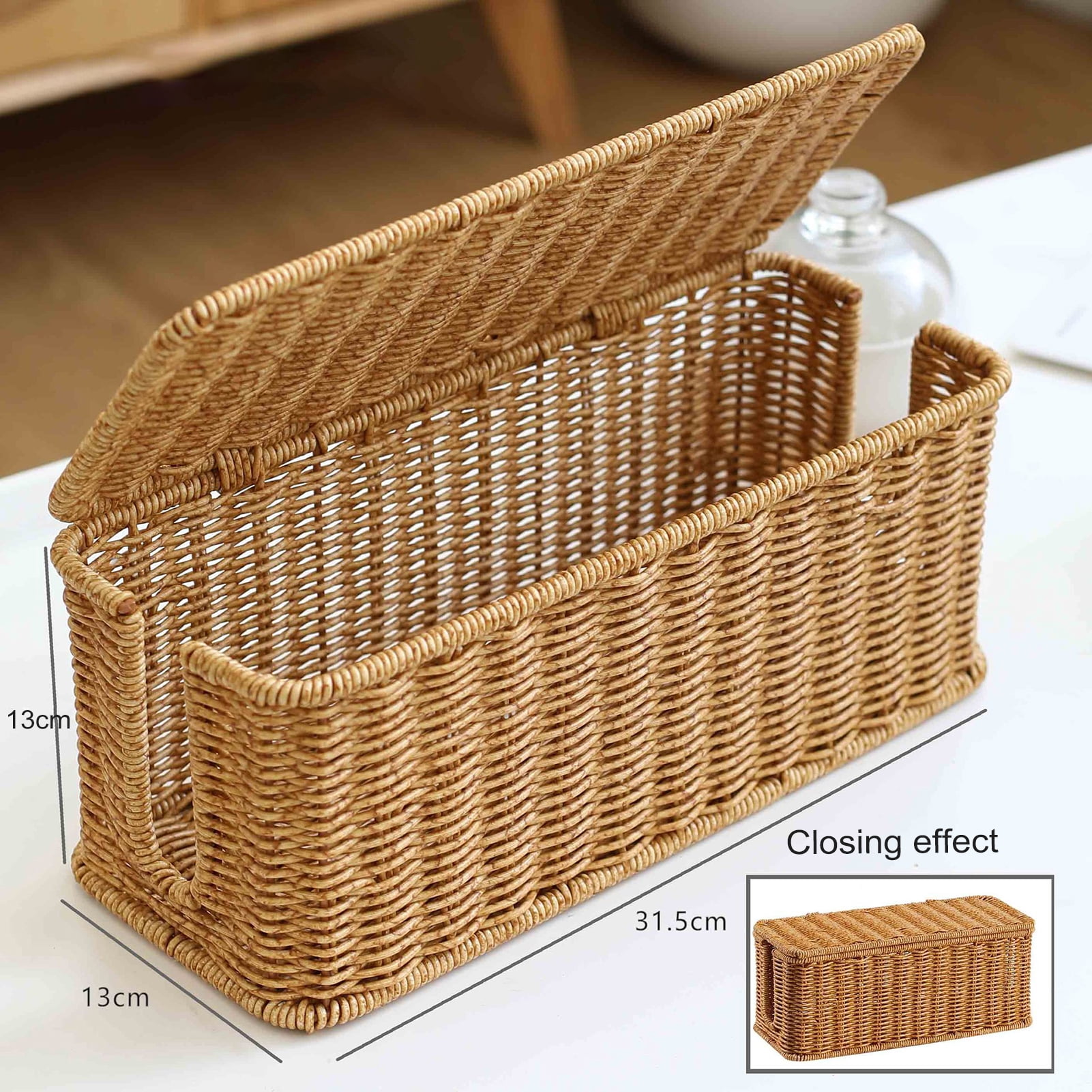 Yesbay Rattan Cable Management Box Handwoven Cord Organizer Basket with 2 Slots Power Cords Hidden Box