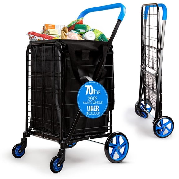 SereneLife Compact Folding Shopping Cart with Removable Waterproof Liner, 360° Swivel Wheels, Rust-Proof Steel Frame, 70 lb Capacity Portable Cart for Groceries, Laundry & Travel (Blue)