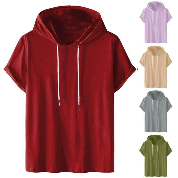 SeCaotees Short Sleeve Solid Hooded T‑Shirts for Men Drawstring Hood Loose Fit Soft Knit Fabric Leisure Daily Pullover Tees Army Green,L