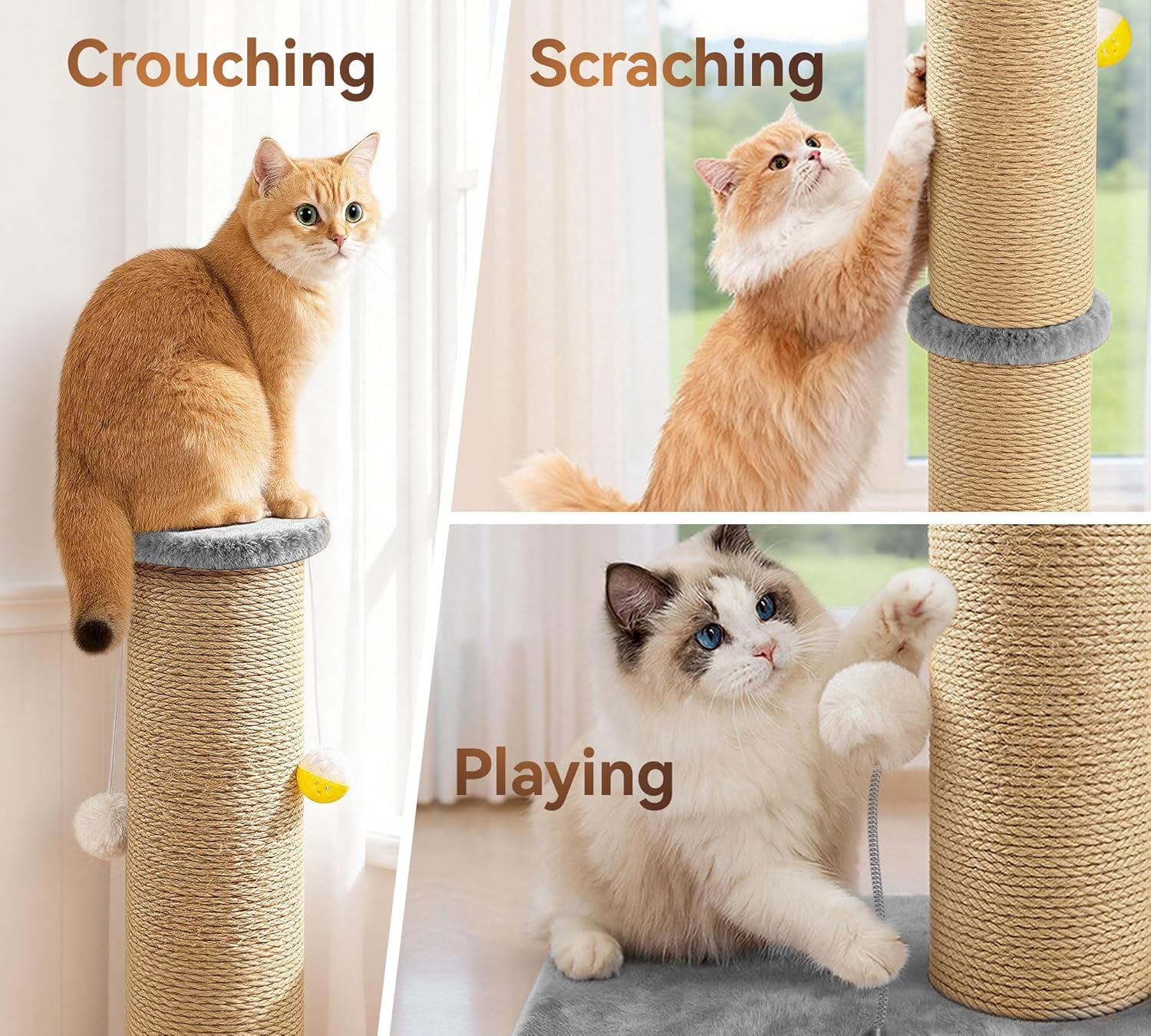 5-Inch Thick Sisal  Scratching Post, 36 Tall  Scratch Tower with Top Platform and -Stable Base,   Scratcher for Indoor Cats, Gray