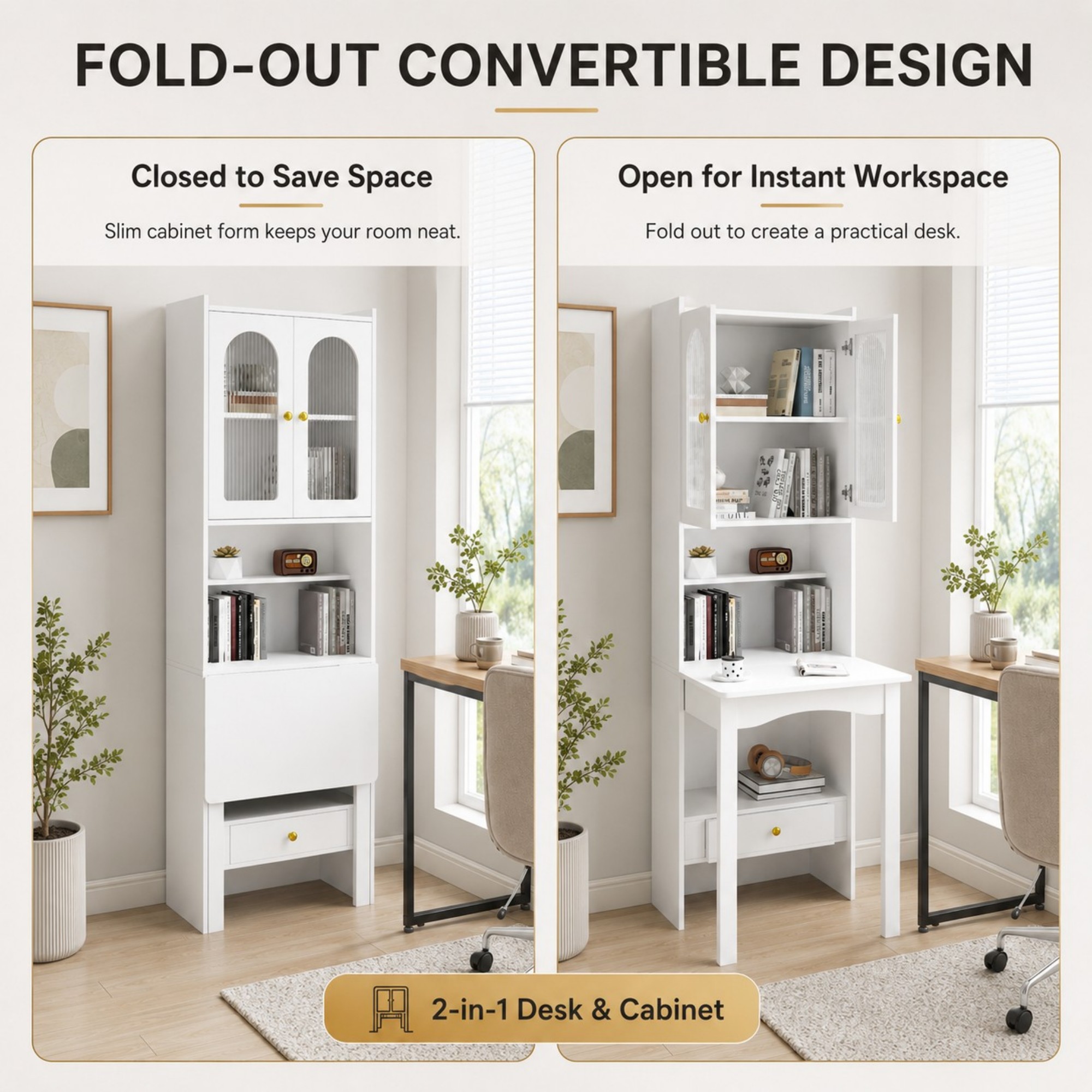 DEALTOPS 70.9-Inch Slim Fold-Out Desk Cabinet with Bookshelf and Drawer, Convertible Writing Desk, White