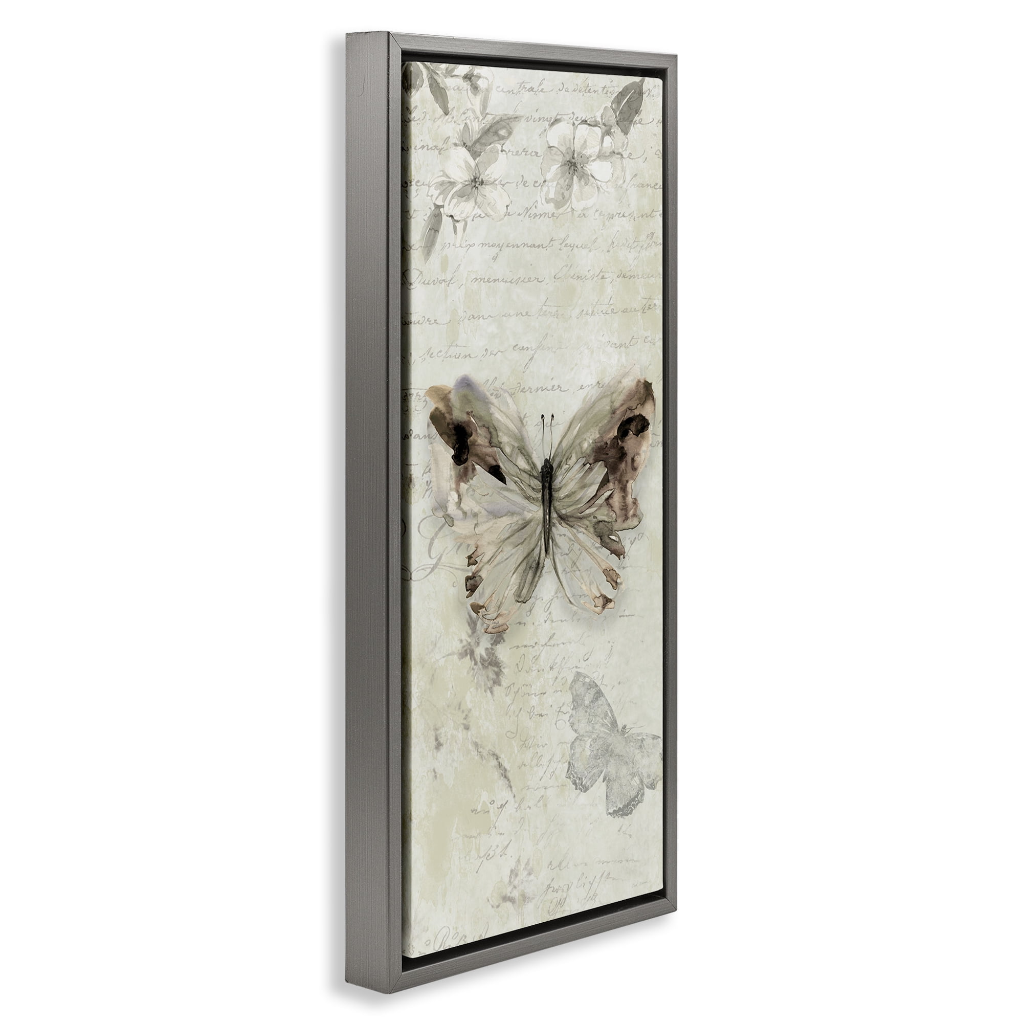 Stupell Industries Timeless Butterflies with Cursive Animals & Insects Painting Gray Floater Framed Canvas Art Print Wall Art, 15 x 31