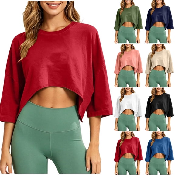GERsome Women's Crop Tops 3/4 Sleeve Crew Neck Athletic Workout Yoga Running Gym Casual T-Shirts Loose Fit Red L