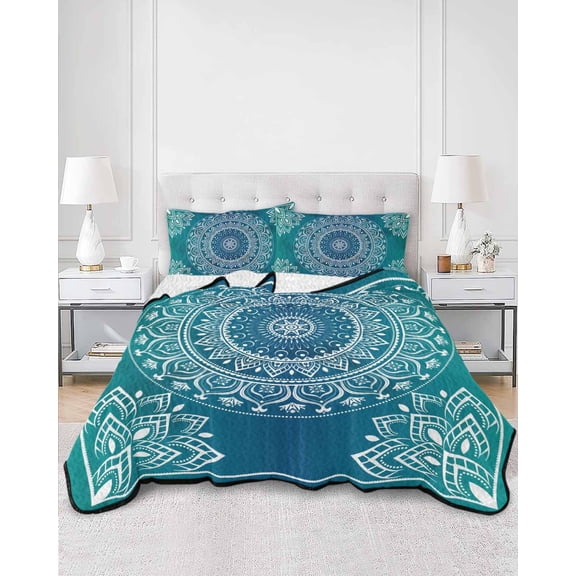 Quilts Twin Size, Teal Blue Boho Soft Comforter Bedding Set for Bed, Retro White Rustic Flower Ethnic Pattern Lightweight Quilted Bedspread with Pillow Cover(2 Pieces) for All Season, 68x86 Inch