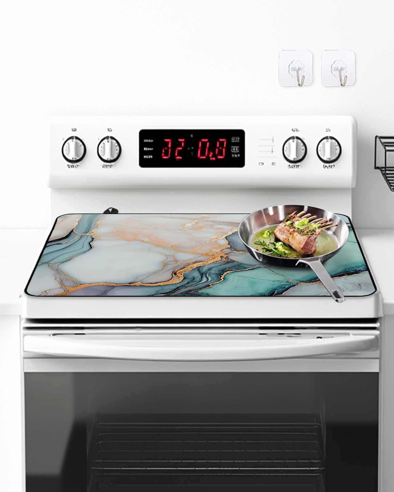 Stove Top Covers for Electric Stove, Blue Teal Marble Glass Stovetop Cover Protector, Modern Ink Painting Abstract Induction Cooktop Protector Oven Mat for Kitchen Countertop 31"x24"