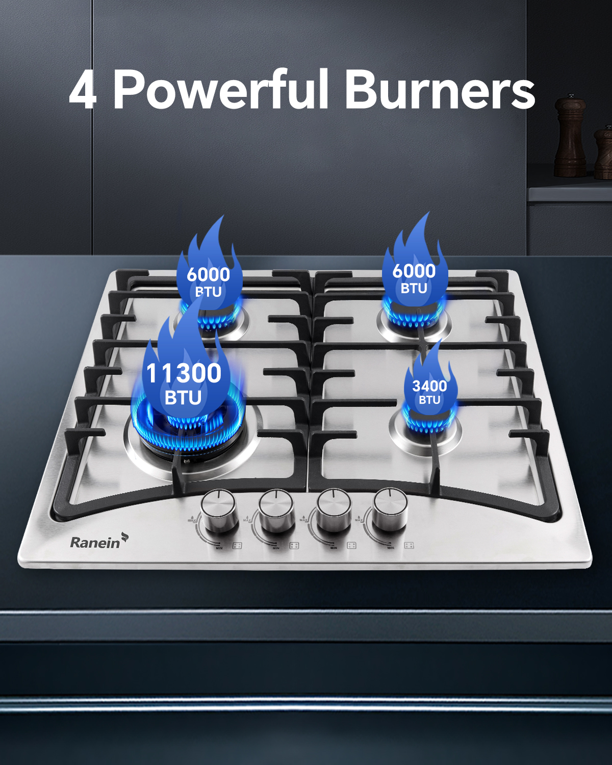 24-Inch 4 Burner Gas Cooktop Stove Top, Built-In Gas Stove, 304 Stainless Steel Panel, NG & LPG Convertible, Compact Cooking Stove for Apartment, Indoor