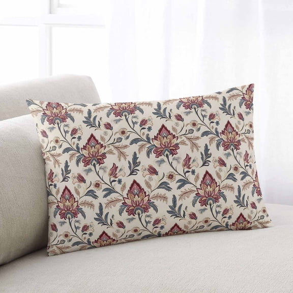 Boho Red Floral Throw Pillow Cover, Pillowcase Protectors with Zipper, Breathable Decorative Lumbar Pillow Case Cover, Farmhouse Rustic Flower Leaf Plant Pillow Shams for Couch Sofa 12x20Inch