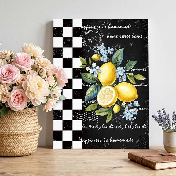 Canvas Wall Art Summer Lemon Canvas Art Print Farm Plant Floral Leaf Black White Plaid Retro Pictures Wall Decor for Living Room Bedroom Artwork Decorations Stretched Framed Ready to Hang 12"x16"
