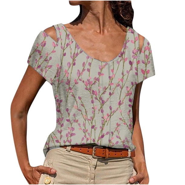 Tops con estampado de flores recortadas en el hombro de manga corta con cuello redondo a la moda para mujer Fridja bn6161