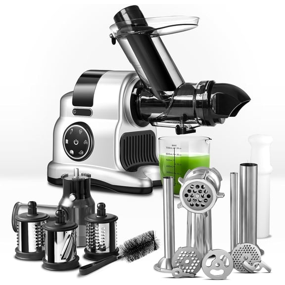 AMZCHEF 5-in-1 Cold Press Masticating Juicer with 3" Wide Feed Chute, Slow Juicer Machine with Meat Grinder, Vegetable Slicer & Snow Cone Maker, Easy to Clean, Stainless Steel