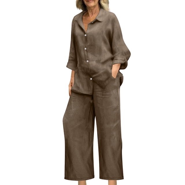 Miqool 2 Piece Sets for Women Summer Tracksuits Button Down Oversized Shirts and Wide Leg Long Pants Two Piece Lounge Sets Matching Outfits with Pockets