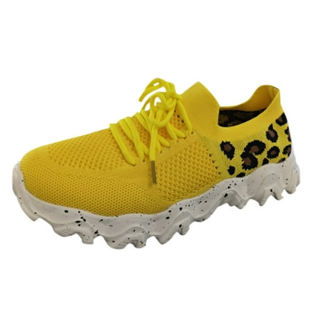 Womens Platform Sneakers Female Womens Sneakers Women s Fashion Mesh Cloth Leopard Print Sneakers Breathable Non Slip Lace Up Casual Shoes(Yellow 7.5)