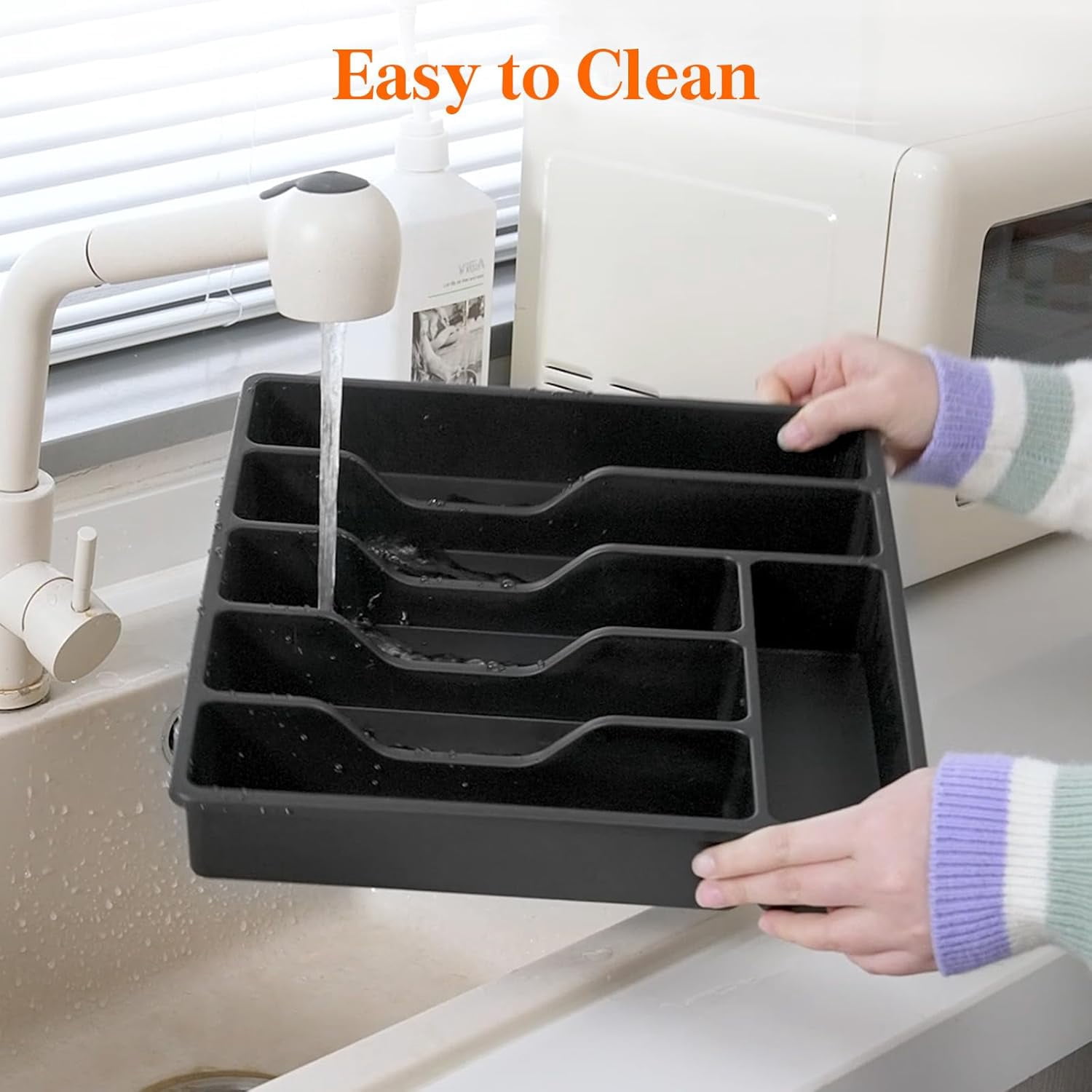 Silverware Organizer with Lid, Covered Utensil Tray for Kitchen Drawer and Countertop, Plastic Cutlery and Flatware Storage Box for Spoons Forks Knives Holder Case, 12.6x11.8", Black