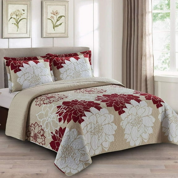 Bilot Helena Burgundy Oversized Coverlet Set, Luxury Printed Design Quilt, Bedspread Set - Filled Quilts - Fits Pillow top Mattresses - 3PC Set - Queen Size