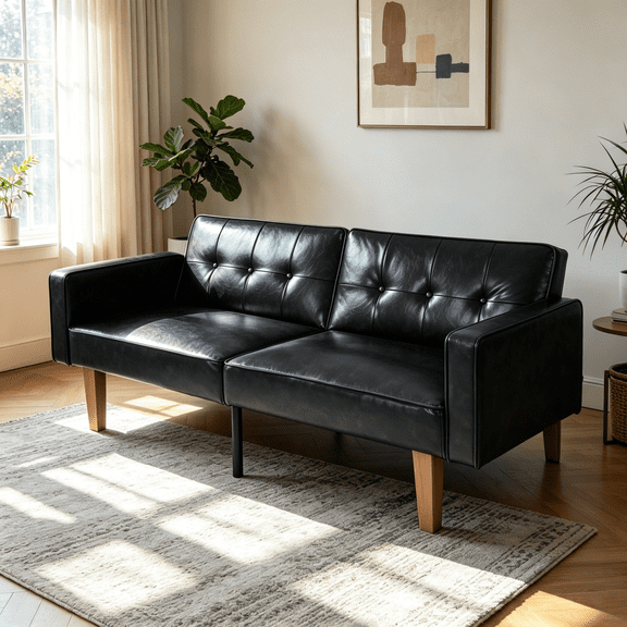 BSHTI 68.11" PU Convertible Sofa Bed with Adjustable 3-Position Backrest, Button-Tufted Split Back for Living Room/Office(Black)