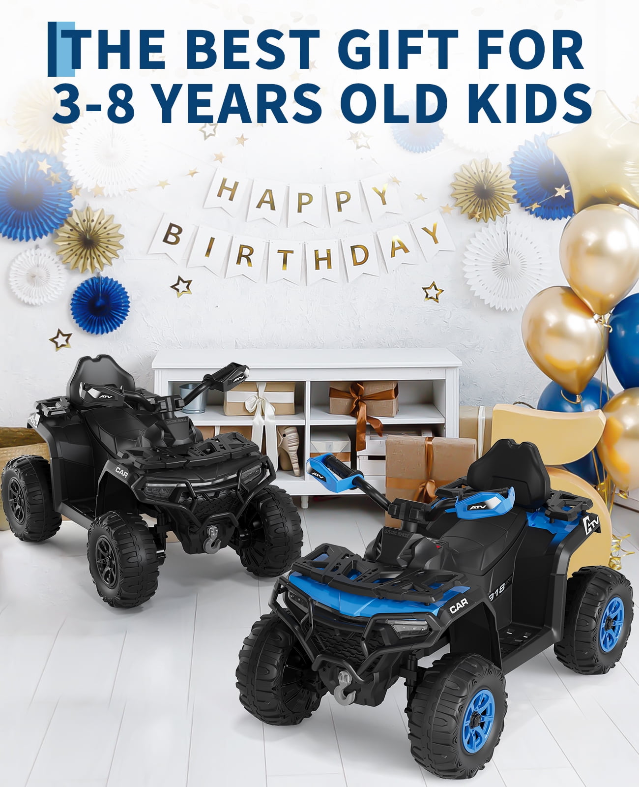 12V Electric Ride on Toys with Remote Control, Kids ATV with LED & Bluetooth, Dual 45W Motors & 3 Speed Electric Car for Kids
