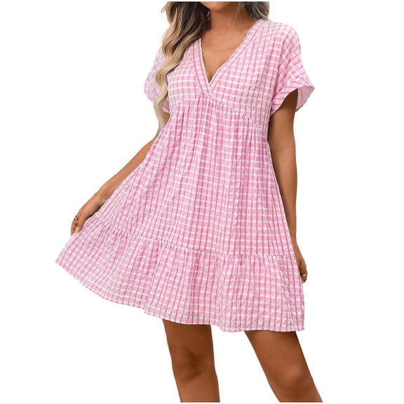 Summer Sun Dresses for Womens 2026 Fashion Plus Size Casual V-Neck Short Sleeve Mini Sun Dress