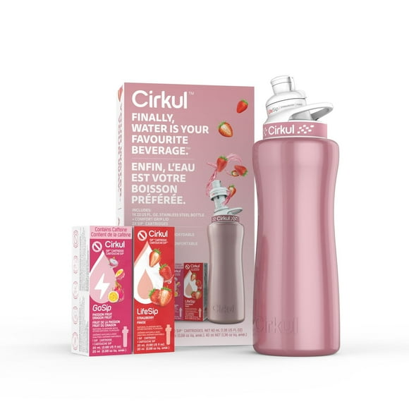 Bouteille d'eau Cirkul en acier inoxydable or rose, édition limitée, 940 ml, avec couvercle or rose et 2 cartouches d'arômes (GoSip Passion Fruit, Dragon Fruit et LifeSip Strawberry).