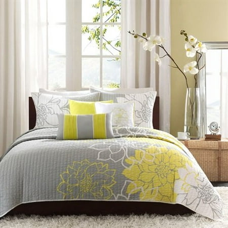 Madison Park Lola 6 Piece Quilted Coverlet Set King Yellow Grey