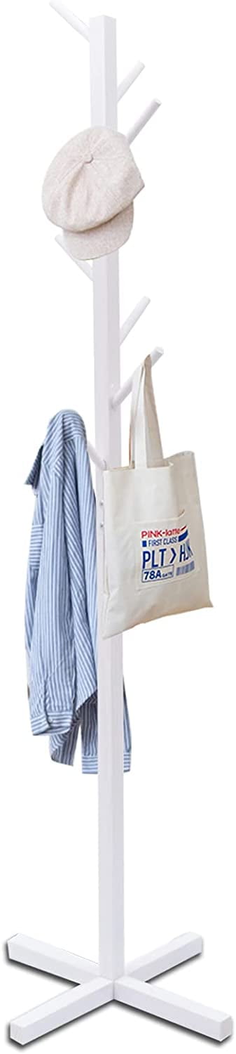 Miumaeov Wooden Coat Rack Stand, Free Standing Tree Hanger, Standing Coat Rack with 8 Hooks, Hallway Entryway Clothes Hanger for Suits, Hats, White