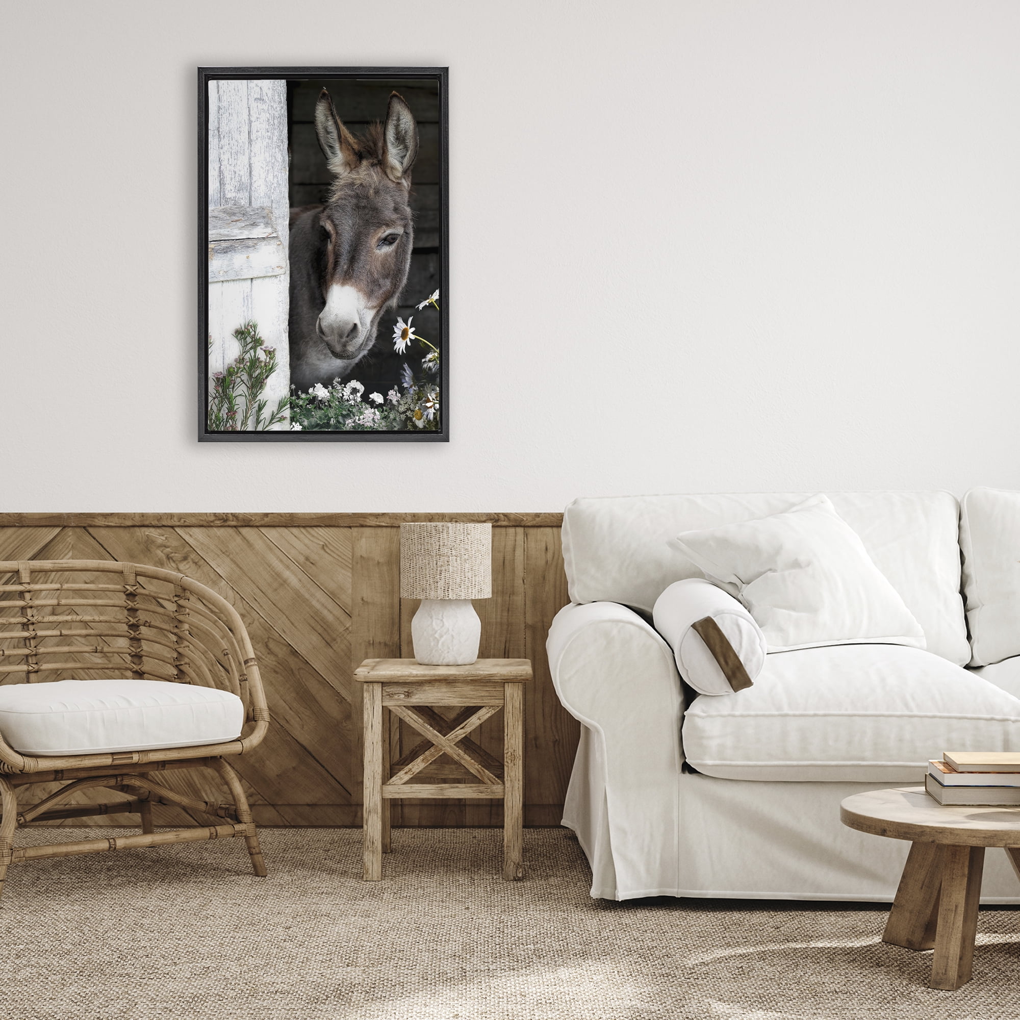 Stupell Industries Gentle Donkey Peering from Barn Black Framed Floater Canvas Wall Art, design by CAD Designs
