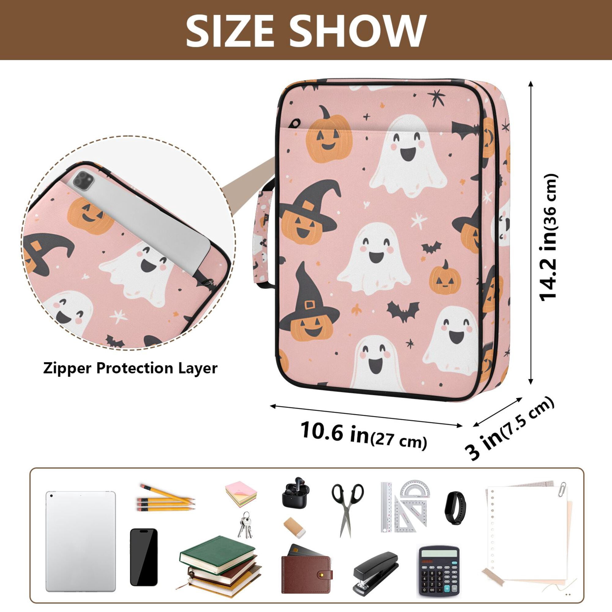 FORMRS Accordion File Folder A4 Size 7-Pocket Expanding Document Organizer Bag with 3 Ring Binder, Pastel Pink Halloween