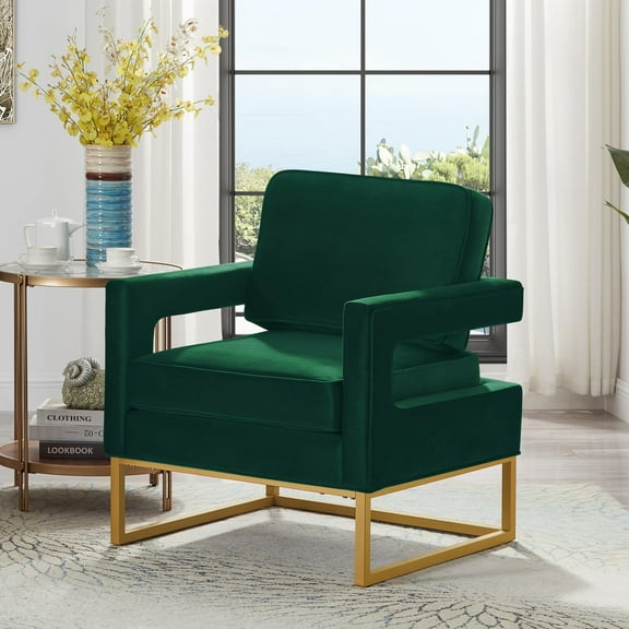 Modern Velvet Accent Chair with Gold Metal Base and Open Armrests - for Living Room or Office