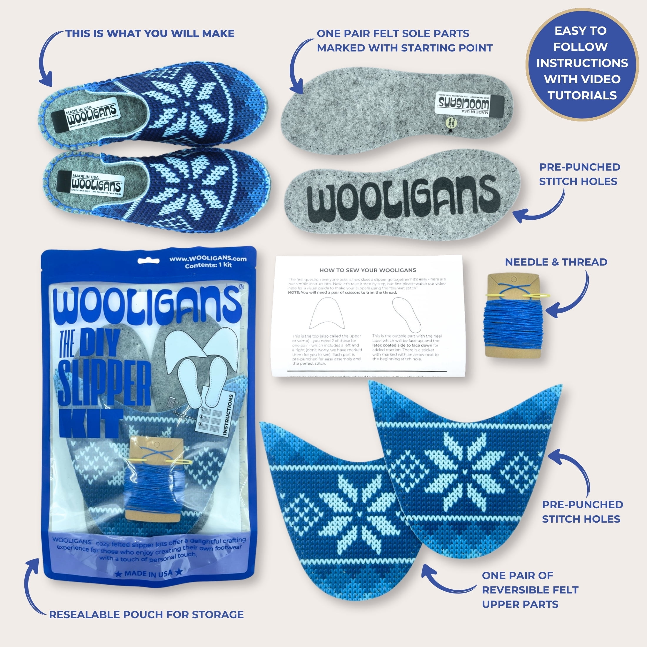 WOOLIGANS DIY Slipper Sewing Kit, Hand Stitch Felt Slipper Craft Kit, Beginner Needlecraft for Adults & Teens, Blue Snowflake, Women’s US Size 7/8