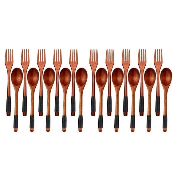 Wooden Spoons Forks Set Japanese Style Wooden Utensils Set for Eating Wood Flatware Set Reusable (Black Cords,20 Pieces)