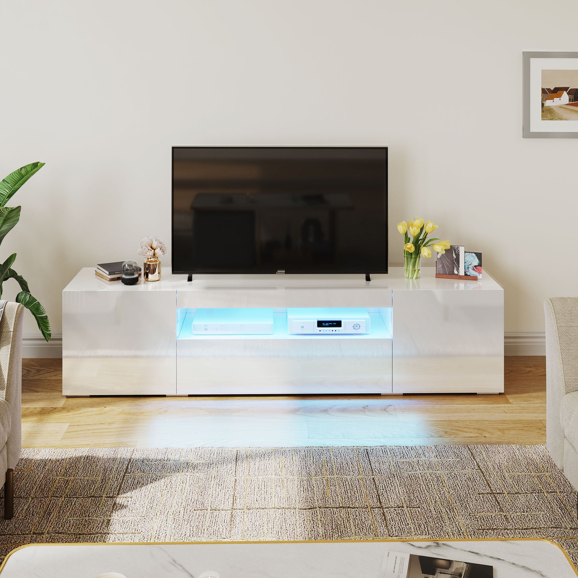 Dextrus Large LED TV stand for 75 inch TVs White High Glossy Media Center with 2 Cabinets and 1 Drawer for Living Room, 70"