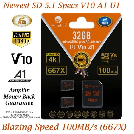 Samsung Pro Microsd 32gb 2 Pack 32GB Micro SD Card plus Adapter. Amplim 100MB/s MicroSDXC Card V10 A1 U3 Class 10 MicroSD Memory Card for GoPro, Cell Phones, Samsung Galaxy, LG, Sony Xperia, DJI, Drones, Cameras, Nintendo ()