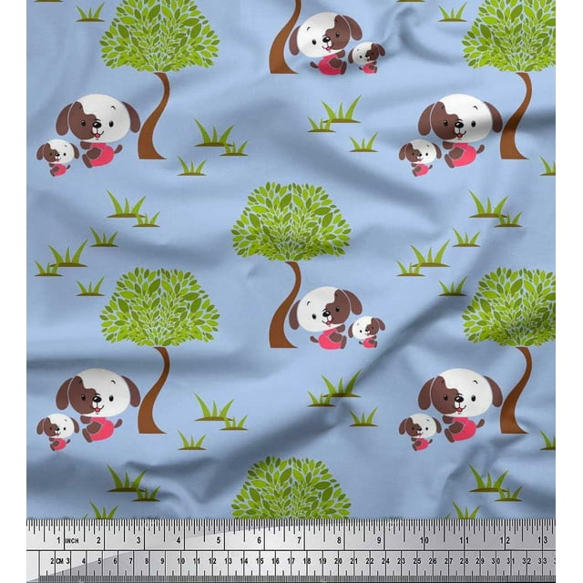 Soimoi Silk Fabric Tree & Dog Kids Fabric Prints by Yard 42 Inch Wide