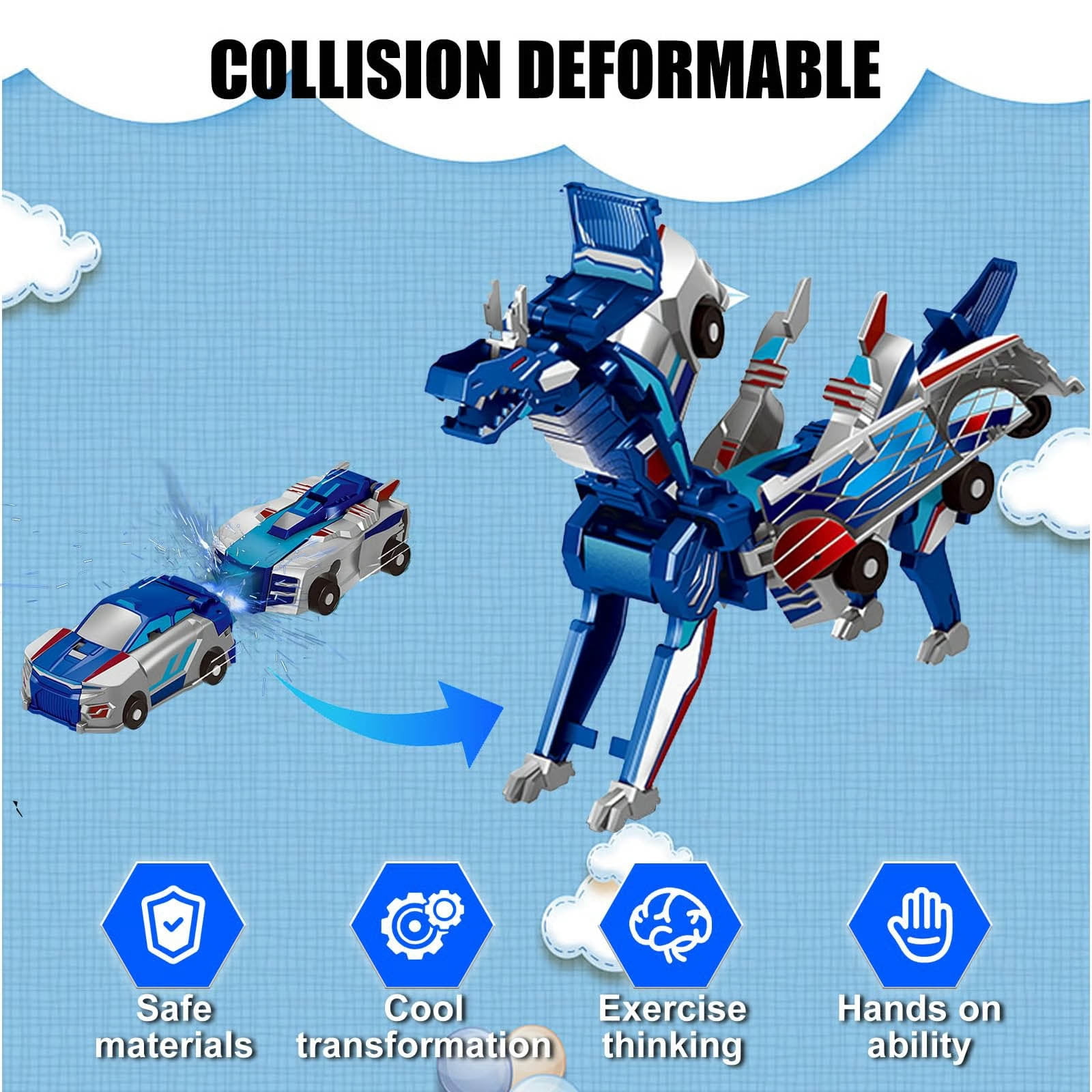 2in1 Transforming Dinosaur Toys，Transformation 2 Pack Car Toy with Collision Transforming Car for Girls Age 4-6 |Party Gift for Birthday, Christmas (Golden Dragon)