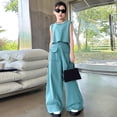 thumbnail image 4 of CPNG Girls Clothes Summer 2 Piece Outfit Set Raw Fringed Denim Sleeveless Vest Top and High Waist Wide Leg Pants Summer Outfits Set(Green,9-10 Years), 4 of 7