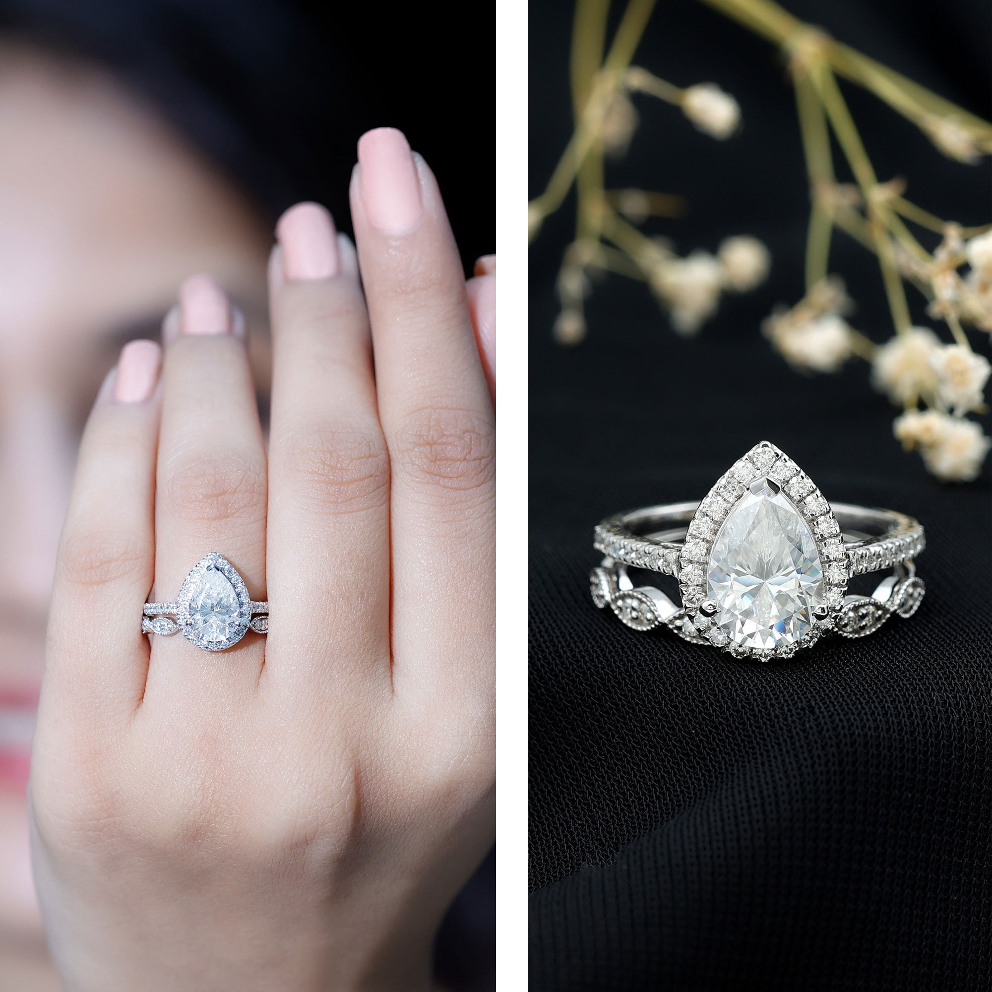 Rosec Jewels Pear Shape Cubic Zirconia Ring Set for Women, Wedding Engagement Ring Set, 925 Sterling Silver, US 10.50